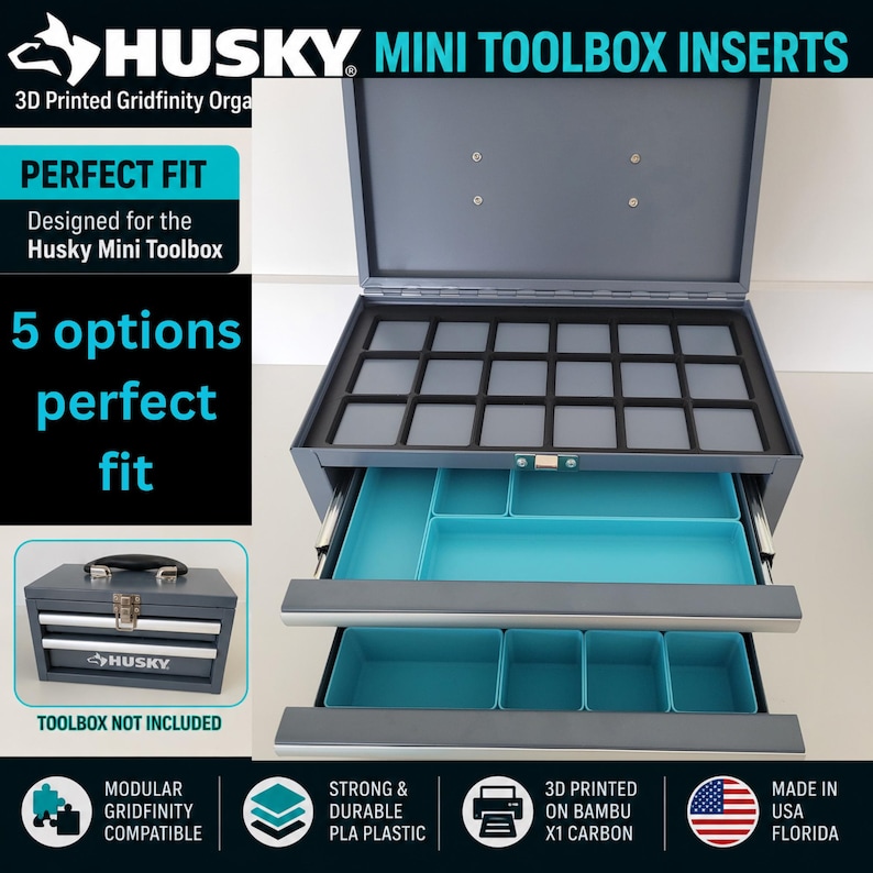 May include: A grey metal Husky mini toolbox with an open lid and two extended drawers. The interior features modular teal plastic inserts arranged in a grid pattern. Text on the image includes HUSKY MINI TOOLBOX INSERTS and 5 options perfect fit.