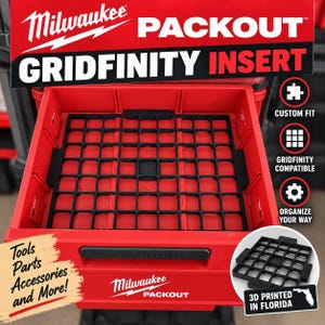 May include: A black plastic Gridfinity insert tray designed for a red Milwaukee Packout tool box. The insert features a square grid pattern for organization. Text on the image includes Milwaukee Packout Gridfinity Insert, Custom Fit, Gridfinity Compatible, Organize Your Way, and Tools Parts Accessories and More.