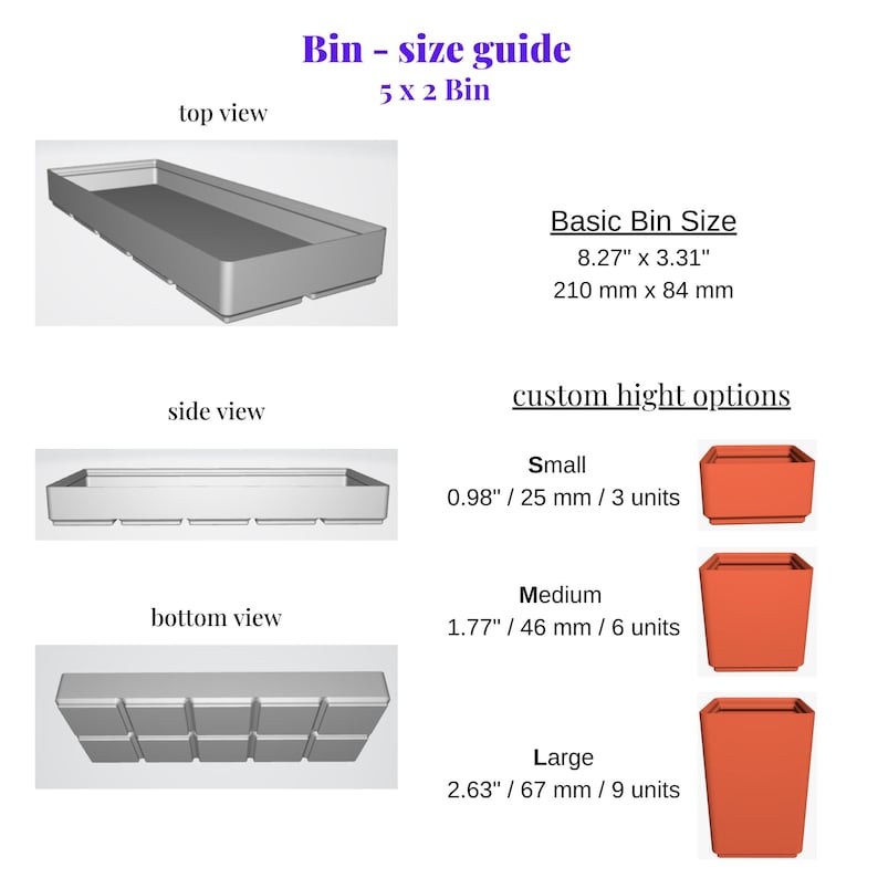 Puede incluir: Diagrama que muestra las dimensiones de una tolva 5x2. La tolva mide 8,27 pulgadas por 3,31 pulgadas, o 210 mm por 84 mm. El diagrama muestra las vistas superior, lateral e inferior de la tolva. La tolva est&aacute; disponible en tres alturas: peque&ntilde;a (0,98 pulgadas / 25 mm), mediana (1,77 pulgadas / 46 mm) y grande (2,63 pulgadas / 67 mm).
