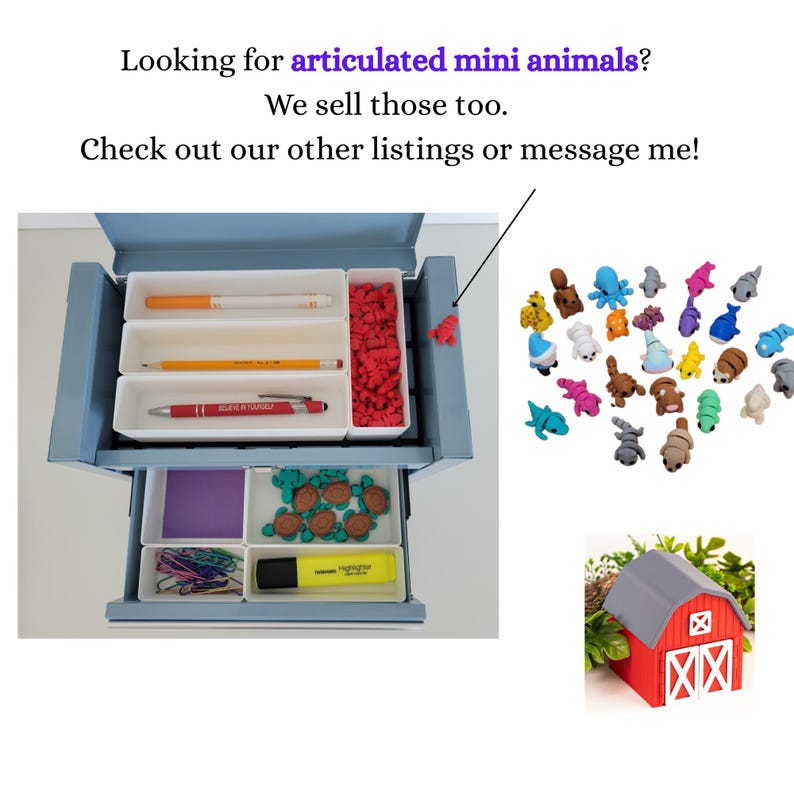 May include: A light blue metal desk organizer with white plastic trays containing an orange marker, a yellow pencil, a red pen with text, paper clips, a yellow highlighter, and small red and green figures. Includes mini animal figures and a red barn.