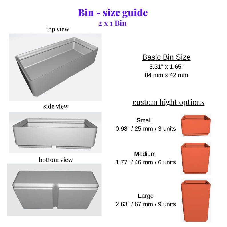 Puede incluir: Una gu&iacute;a de tallas para un contenedor 2 x 1, con vistas superior, lateral e inferior de un contenedor gris. La gu&iacute;a incluye dimensiones en pulgadas y mil&iacute;metros, y muestra opciones de altura personalizadas peque&ntilde;as, medianas y grandes en naranja.