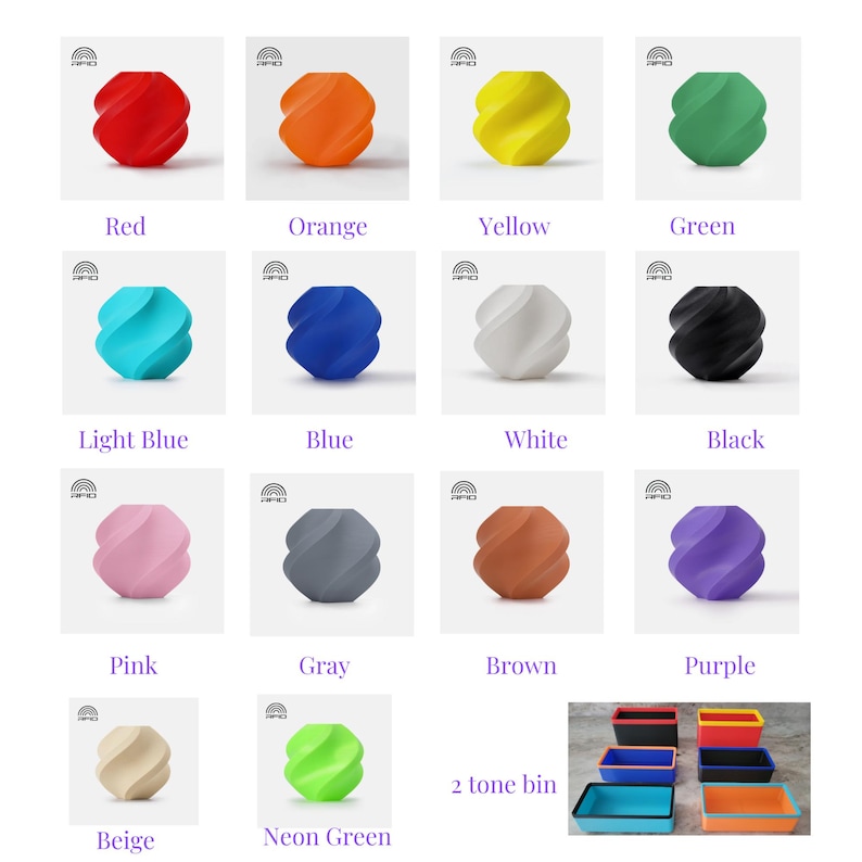 May include: A collection of small, twisted, spherical containers in various solid colors including red, orange, yellow, green, light blue, blue, white, black, pink, gray, brown, purple, beige, and neon green, alongside rectangular two-tone bins.