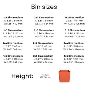 May include: A chart titled Bin sizes listing dimensions for various medium bins ranging from 1x2 to 3x5, with lengths from 3.31 to 8.27 inches and widths from 1.65 to 4.96 inches. A small orange square bin is shown with a height of 1.77 inches.
