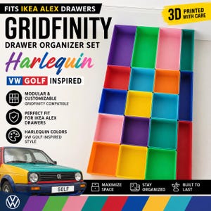 May include: A Gridfinity drawer organizer set featuring multiple rectangular bins in vibrant colors including purple, green, pink, blue, yellow, orange, and red. The set is displayed alongside text referencing IKEA Alex drawers and a VW Golf car image.