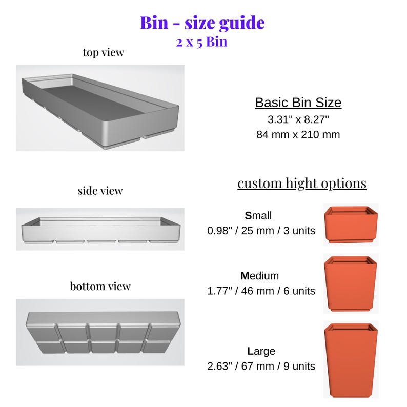 Puede incluir: Gu&iacute;a de tallas para un contenedor 2 x 5, con vistas superior, lateral e inferior. El tama&ntilde;o b&aacute;sico del contenedor es de 8,4 cm x 21 cm. Opciones de altura personalizadas: peque&ntilde;o (2,5 cm), mediano (4,6 cm) y grande (6,7 cm).