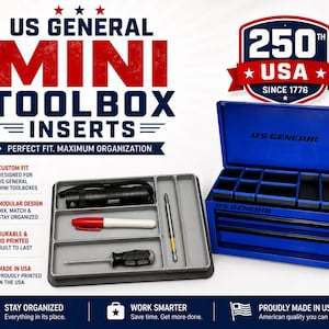 May include: A blue U.S. General mini toolbox with an open lid and multiple internal compartments. Beside it sits a grey modular tray insert containing a black flashlight, a red marker, a screwdriver, and a metal bit, all organized in slots.