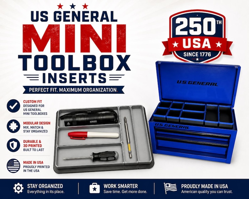 May include: A blue U.S. General mini toolbox with an open lid and multiple internal compartments. Beside it sits a grey modular tray insert containing a black flashlight, a red marker, a screwdriver, and a metal bit, all organized in slots.