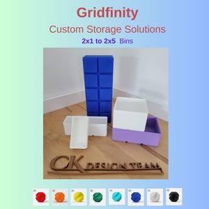 May include: The image showcases various custom storage bins in white, blue, and purple. The text "Gridfinity Custom Storage Solutions" and "2x1 to 2x5 Bins" are visible. The bins are arranged on a wooden surface, with a wooden logo at the bottom.