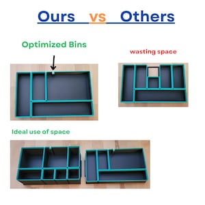 May include: A comparison graphic titled Ours vs Others showing black storage bins with teal edges. The left side labeled Optimized Bins shows a rectangular arrangement, while the right side labeled wasting space shows a different layout. Text reads Ideal use of space.
