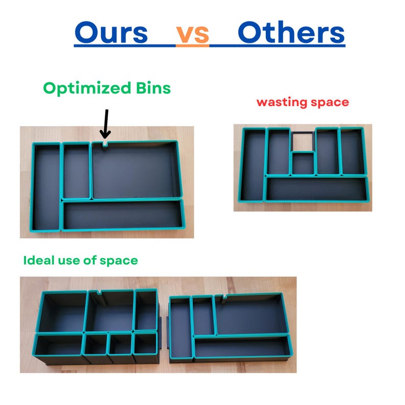 May include: A comparison graphic titled Ours vs Others showing black storage bins with teal edges. The left side labeled Optimized Bins shows a rectangular arrangement, while the right side labeled wasting space shows a different layout. Text reads Ideal use of space.