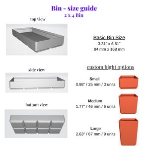 Puede incluir: Diagrama de un contenedor 2 x 4, con vistas superior, lateral e inferior. El tama&ntilde;o b&aacute;sico del contenedor es de 8,4 cm x 16,8 cm. Se muestran opciones de altura personalizadas: peque&ntilde;o (2,5 cm), mediano (4,6 cm) y grande (6,7 cm).