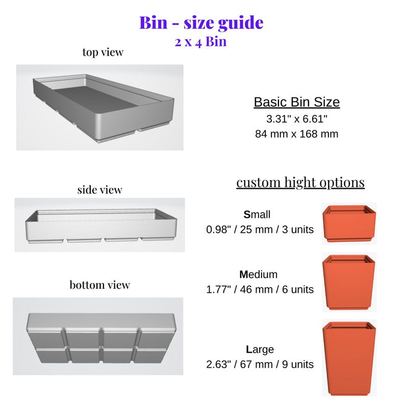 Puede incluir: Diagrama de un contenedor 2 x 4, con vistas superior, lateral e inferior. El tama&ntilde;o b&aacute;sico del contenedor es de 8,4 cm x 16,8 cm. Se muestran opciones de altura personalizadas: peque&ntilde;o (2,5 cm), mediano (4,6 cm) y grande (6,7 cm).