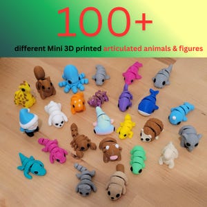 May include: A collection of over 100 mini 3D-printed articulated animal figures in various colors. The figures include an octopus, giraffe, scorpion, and more. The text "100+" and "different Mini 3D printed articulated animals & figures" are displayed at the top.