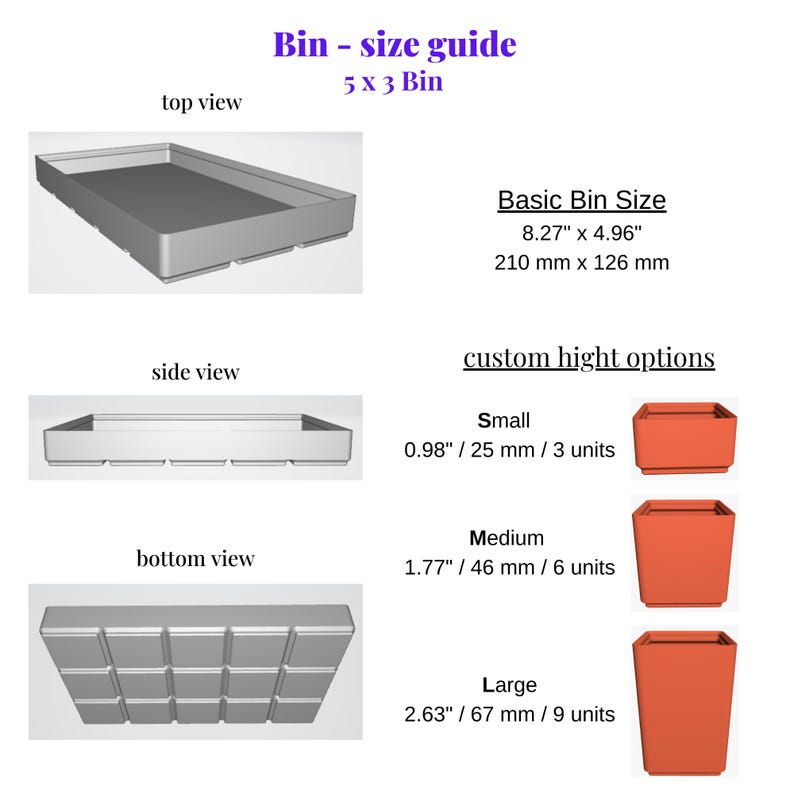 Puede incluir: Diagrama que muestra las dimensiones de un contenedor de 5x3, con un tama&ntilde;o b&aacute;sico de 8,27 pulgadas por 4,96 pulgadas, o 210 mm por 126 mm. El diagrama tambi&eacute;n muestra tres opciones de altura personalizadas: peque&ntilde;a, mediana y grande, con las medidas correspondientes en pulgadas y mil&iacute;metros.