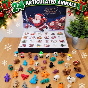 May include: An advent calendar box with the text ADVENT CALENDAR 24 ARTICULATED ANIMALS and MERRY CHRISTMAS, featuring a Santa Claus illustration. Below the box are 24 small, colorful, articulated plastic animal figurines.