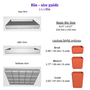 Puede incluir: Diagrama que muestra el tama&ntilde;o y las dimensiones de una caja de 5x5. La caja mide 8,27 pulgadas por 8,27 pulgadas y viene en tres alturas diferentes: peque&ntilde;a (0,98 pulgadas), mediana (1,77 pulgadas) y grande (2,63 pulgadas).