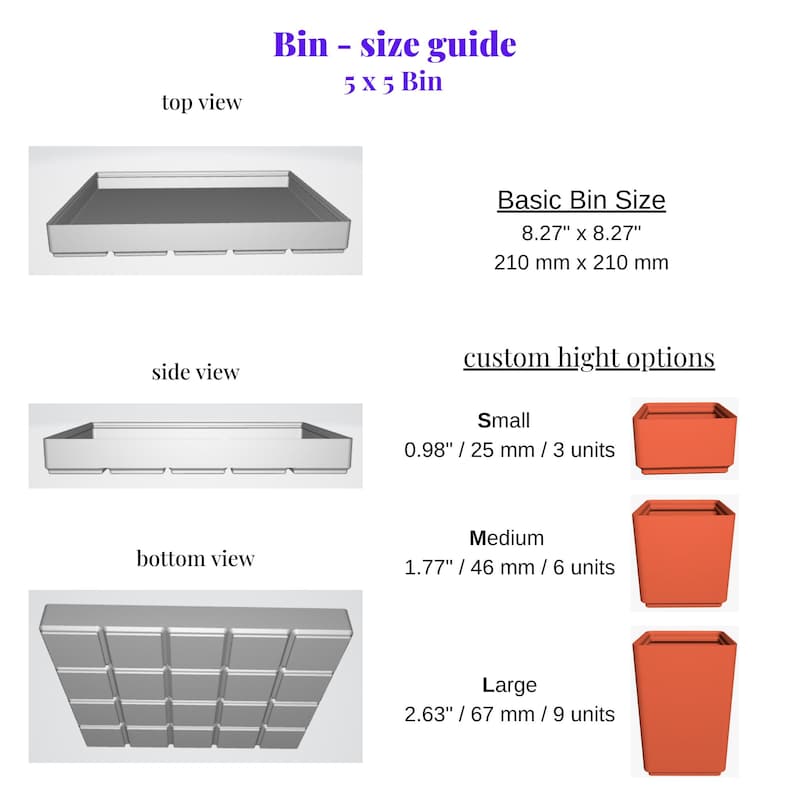 Puede incluir: Diagrama que muestra el tama&ntilde;o y las dimensiones de una caja de 5x5. La caja mide 8,27 pulgadas por 8,27 pulgadas y viene en tres alturas diferentes: peque&ntilde;a (0,98 pulgadas), mediana (1,77 pulgadas) y grande (2,63 pulgadas).