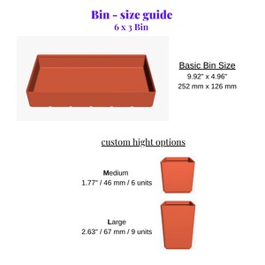 May include: A bin size guide showing a rectangular bin and two square bins. The basic bin size is 252 mm x 126 mm (9.92" x 4.96"). The medium bin is 46 mm (1.77") high, and the large bin is 67 mm (2.63") high. The text "Bin - size guide" is at the top.
