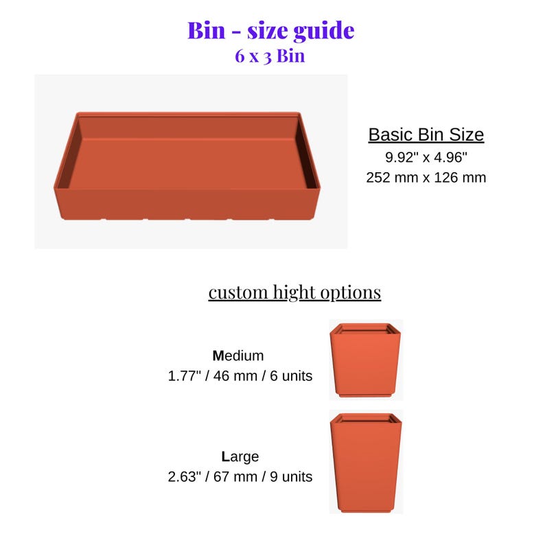 May include: A bin size guide showing a rectangular bin and two square bins. The basic bin size is 252 mm x 126 mm (9.92" x 4.96"). The medium bin is 46 mm (1.77") high, and the large bin is 67 mm (2.63") high. The text "Bin - size guide" is at the top.