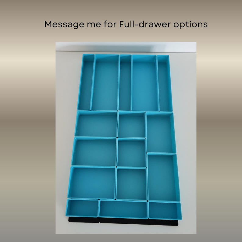 May include: A bright turquoise drawer organizer featuring multiple rectangular and square compartments of varying sizes. The text "Message me for Full-drawer options" is printed in black above the organizer, which is set on a flat surface.