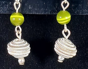 Dangle Earrings Silver Coil and Chartreuse Tiger's Eye Beads