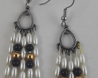Dangle Earrings White Rice with Black & Gold Beads