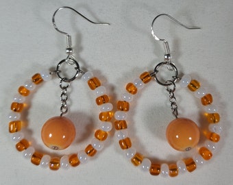Dangle Earrings Orange and White Hoops with Orange Dangles