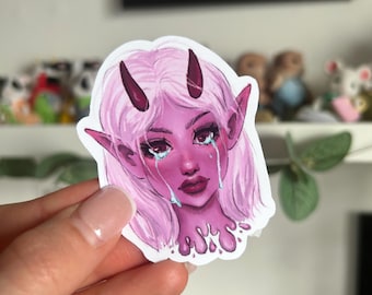 Pink Demon Girl Sticker, Devil Girl Art, Creepy Cute Halloween Stickers, Fantasy Stickers, Monster Girl Art, Pink Sticker, Dark Fantasy Art