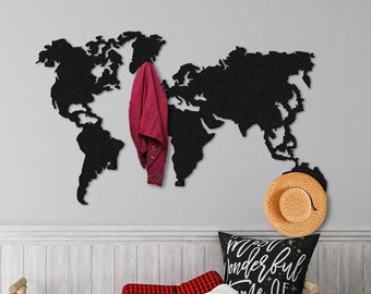 World Map Metal Coat Hanger Wall Mount, Map Entryway Clothes and Hat Rack, Wall Hooks, Metal Key Rack, Mountain Wall Art, New Home Gift, Art