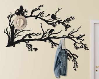 Levensboom metalen kleerhanger muurbevestiging, vogels entree kleding en hoedenrek, boomtakken muurhaken, metalen sleutelrek, bergmuurkunst