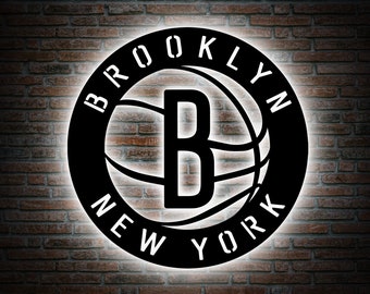 Enseigne murale LED en métal Brooklyn New York, art mural LED en métal NBA, décoration de bureau à domicile, art mural homme des cavernes, cadeau de Noël, enseigne de garage, décoration murale