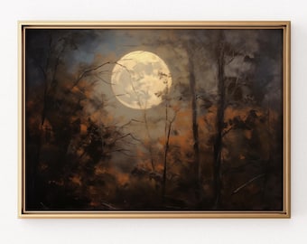 Halloween Wall Print Halloween Autumn Landscape Painting Forest Moon Painting Halloween Decor Rustic Fall Art Vintage Wall Print Halloween
