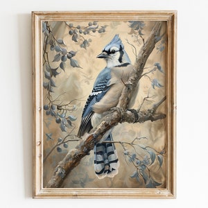 Vintage Blauhäher Vogel Wandkunst, rustikale Frühlingsbäume Digitaldruck, Neutral Bauernhaus Blumendekor, Cottagecore Vogelliebhaber Geschenk, Sommerdekor