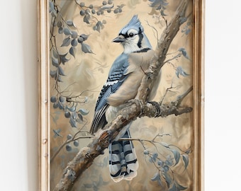 Vintage Blue Jay Bird Wall Art, Rustic Spring Trees Digital Print, Neutral Farmhouse Flower Decor, Cottagecore Bird Lover Gift, Summer Decor