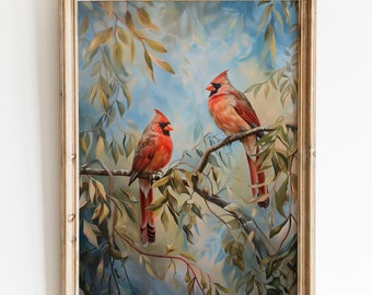 Vintage Cardinal Bird Print, Antique Bird Nature Oil Painting, Farmhouse Wall Decor, Rustic Country Nursery Print, Farmhouse Spring Download