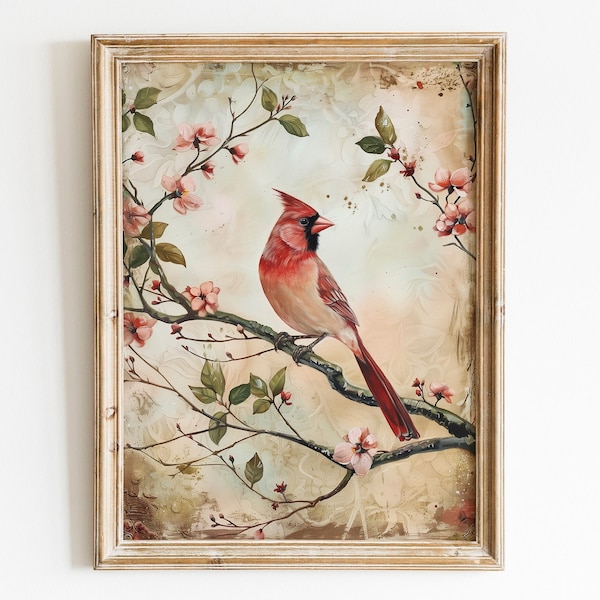 Stampa di uccello cardinale vintage, arte murale della natura della fattoria neutra, dipinto a olio di animali malinconici antichi, download digitale di vivaio rustico nei boschi