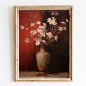 Ramo de flores oscuras blancas y rojas Impresión digital Arte de pared imprimible de estilo rústico Pintura al óleo floral vintage con un toque romántico botánico Descarga
