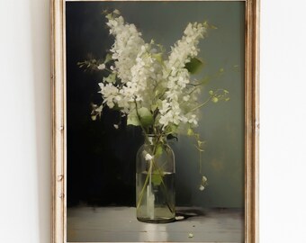 Vintage Stimmung dunkel weiße Blumen Druck grün dunkel Academia botanische Wand Kunst Blumen Stillleben Ölgemälde druckbare digitale Kunst Download