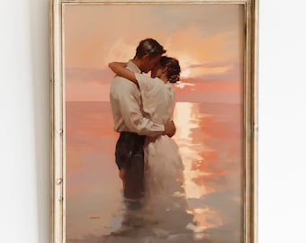 Vintage Couple Wall Art, Romantic Valentines Day Wall Art, Sunset Landscape Print, Couple's Seascape Gift, Sunrise Scenery Oil Painting
