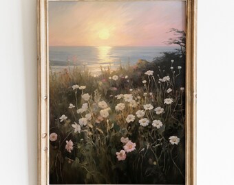Summer Sunrise Art Print Wildflower Painting Beach Print, Vintage Pink Summer Sunset Coastal Flower Printable, Sunrise Print Floral Print