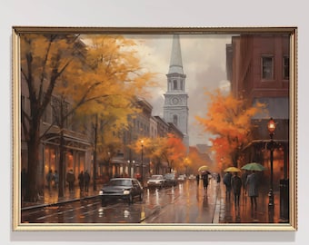 Vintage Herbst amerikanische Stadt Stadt Kunst Landschaftsmalerei Vintage Herbst Wandkunst Herbst Dekor Rustikale Herbst Dekor Herbst Dekor Stimmungsvolle Wandkunst