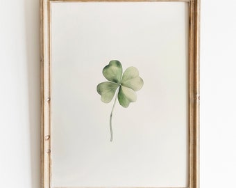 Minimalist Four Leaf Clover Digital Print, St. Patrick's Day Watercolor, Boho St Patricks Wall Decor, Green Saint Patrick Shamrock Download