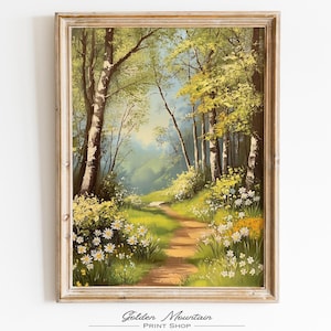 Spring Printable Wildflower Forest Landscape Painting, Spring Flower Vintage Farmhouse Print, Floral Wall Art, Spring Art Digital Download