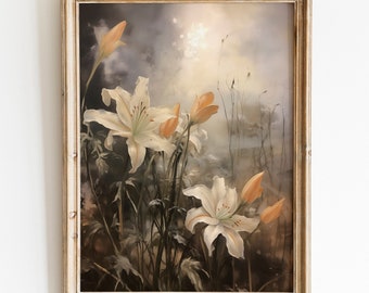 Dark Lily Painting Floral Wall Art, Antique Moody Printable Art, Vintage Dark Academia Decor, Dark Botanical Wall Art, Moody Flower Painting