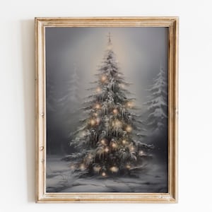 Moody Yellow Christmas Tree Printable Christmas Tree Wall Art Christmas Decor Vintage  Dark Cottagecore Digital Print Christmas Forest Art