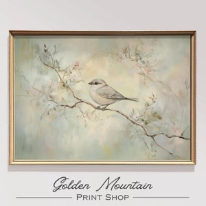 Antique Spring Bird Oil Painting, Vintage Bird Wall Art, Printable Pastel Art Farmhouse Decor, Nature Flower Wall Art, Spring Floral Print