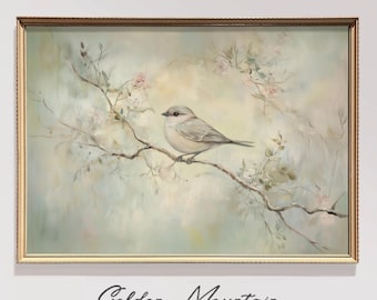 Antique Spring Bird Oil Painting, Vintage Bird Wall Art, Printable Pastel Art Farmhouse Decor, Nature Flower Wall Art, Spring Floral Print