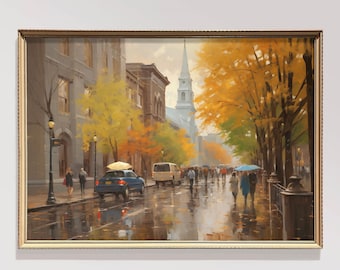 Vintage Herbst Stadt Stadt Landschaft Gemälde Vintage American Fall Wandkunst Herbst Dekor Rustikale Herbst Dekor Herbst Dekor Stimmungsvolle Wandkunst