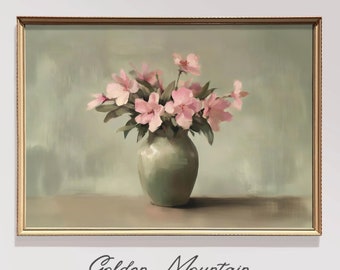 Moody Pink Flower Wall Art, Antique Moody Digital Download, Neutral Tone Painting, Vintage Floral Printable Art, Dark Spring Botanical Print
