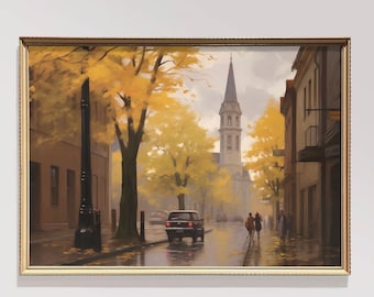 Vintage amerikanische Herbst-Wandkunst Vintage Herbst Stadt Stadt Kunst Landschaftsmalerei Herbst-Dekor Rustikale Herbst-Dekor Herbst-Dekor Stimmungsvolle Wandkunst